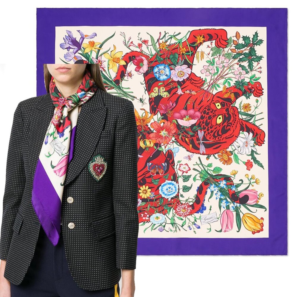 GUCCI SCARF SILK TIGER ICONIC FLORA PRINT SQUARE VIBRANT FOULARD 35"